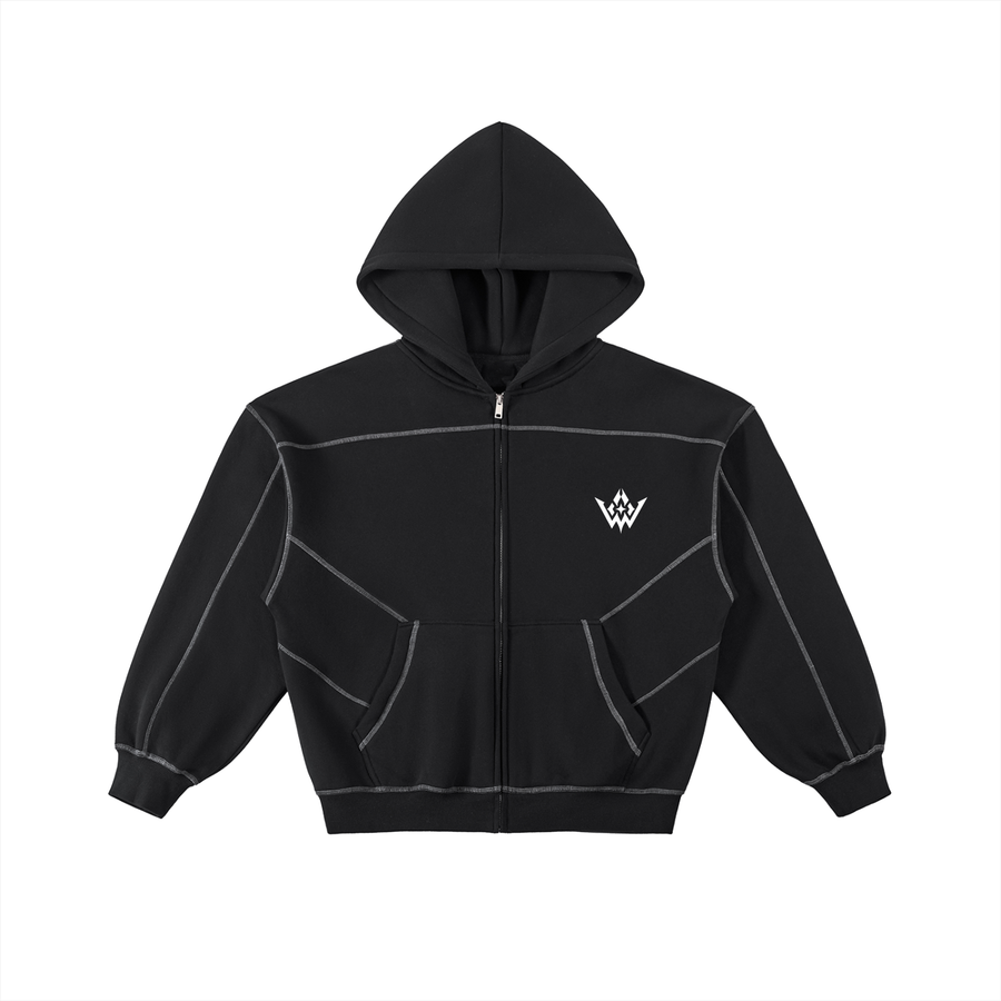 WAD Contrast-Stitched Boxy Fleece Zip Hoodie